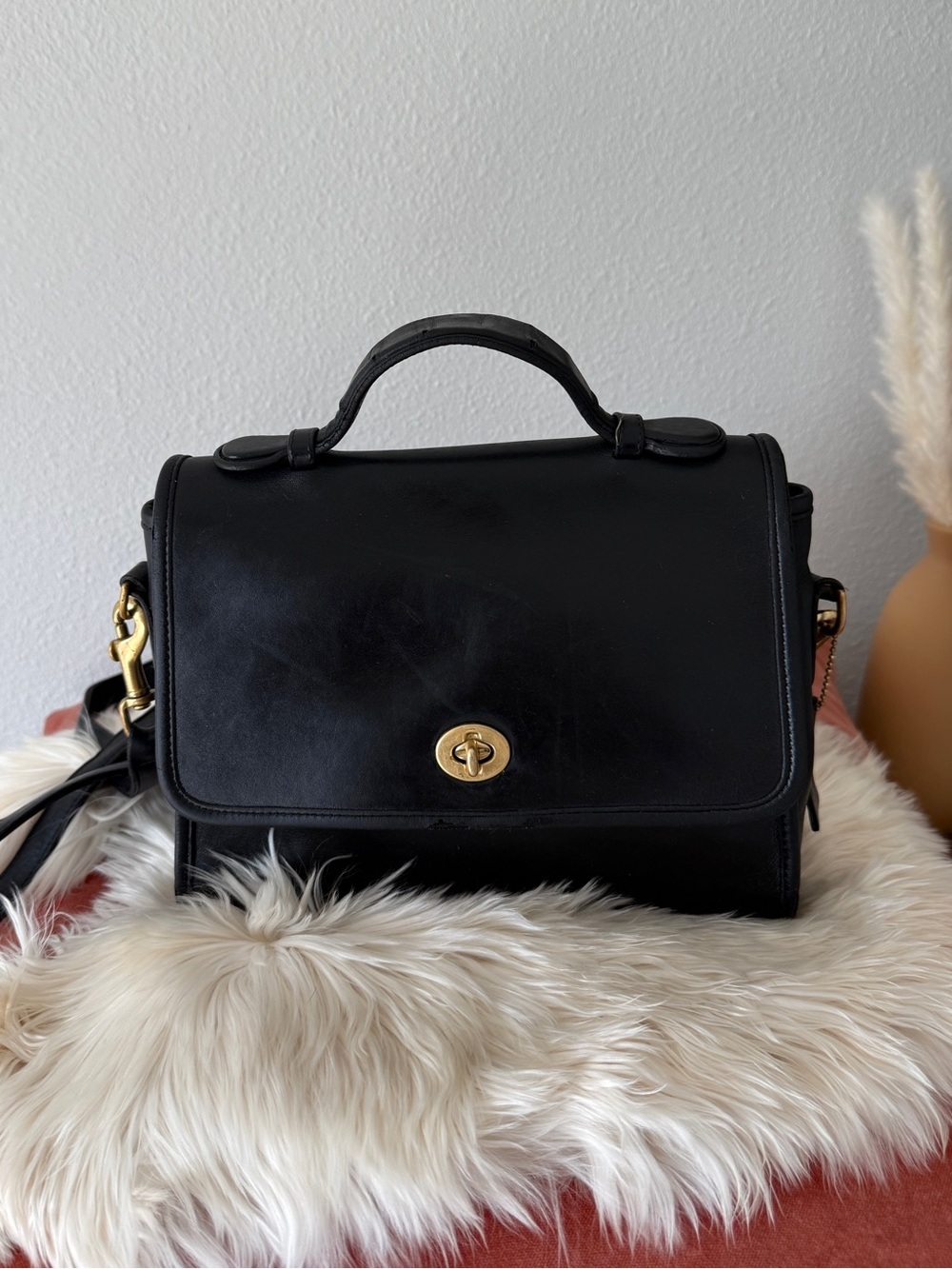 Coach Black Leather Top-Handle Satchel with Gold-Tone Turnlock